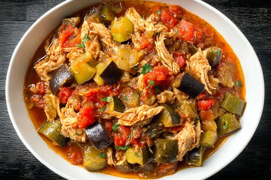Slow Cooker Ratatouille with Chicken in a white bowl—shredded chicken with zucchini, eggplant, peppers, and tomatoes in a savory slow-cooked sauce.