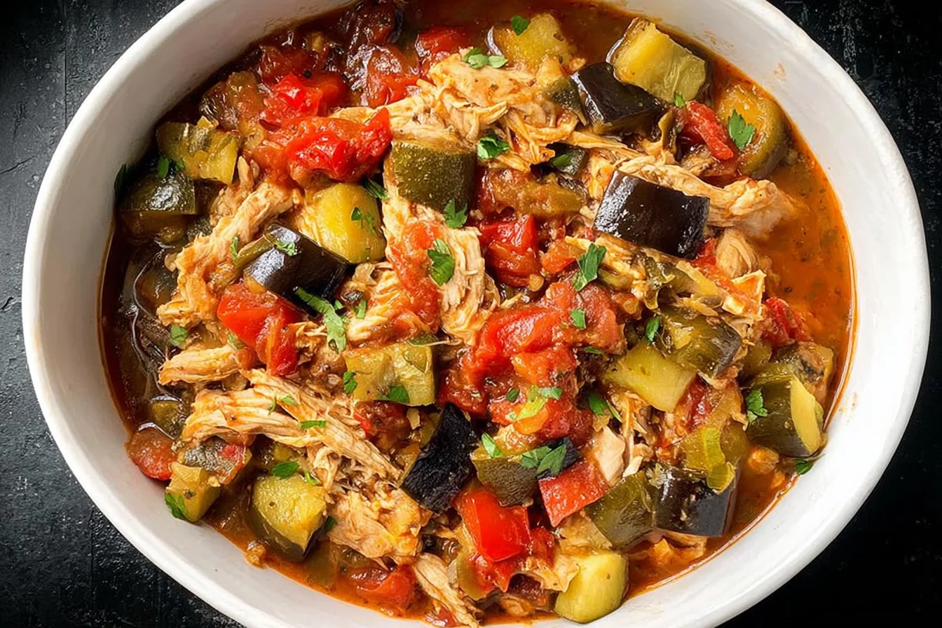 Slow Cooker Ratatouille with Chicken in a white bowl—tender shredded chicken with zucchini, eggplant, peppers, and tomatoes in a rich sauce.