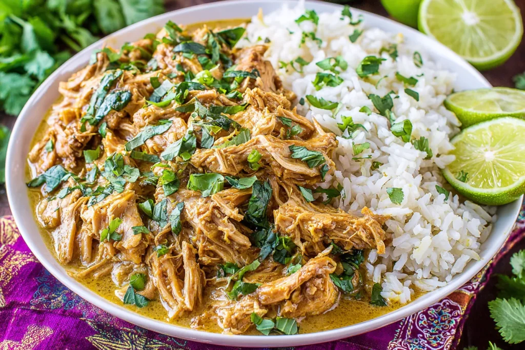 Slow Cooker Thai Basil Chicken Curry with coconut milk and jasmine rice