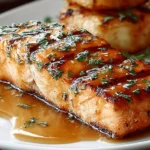 Oven-Baked Texas Roadhouse-Style Salmon glazed with a smoky buttery sauce, garnished with parsley and served with lemon.