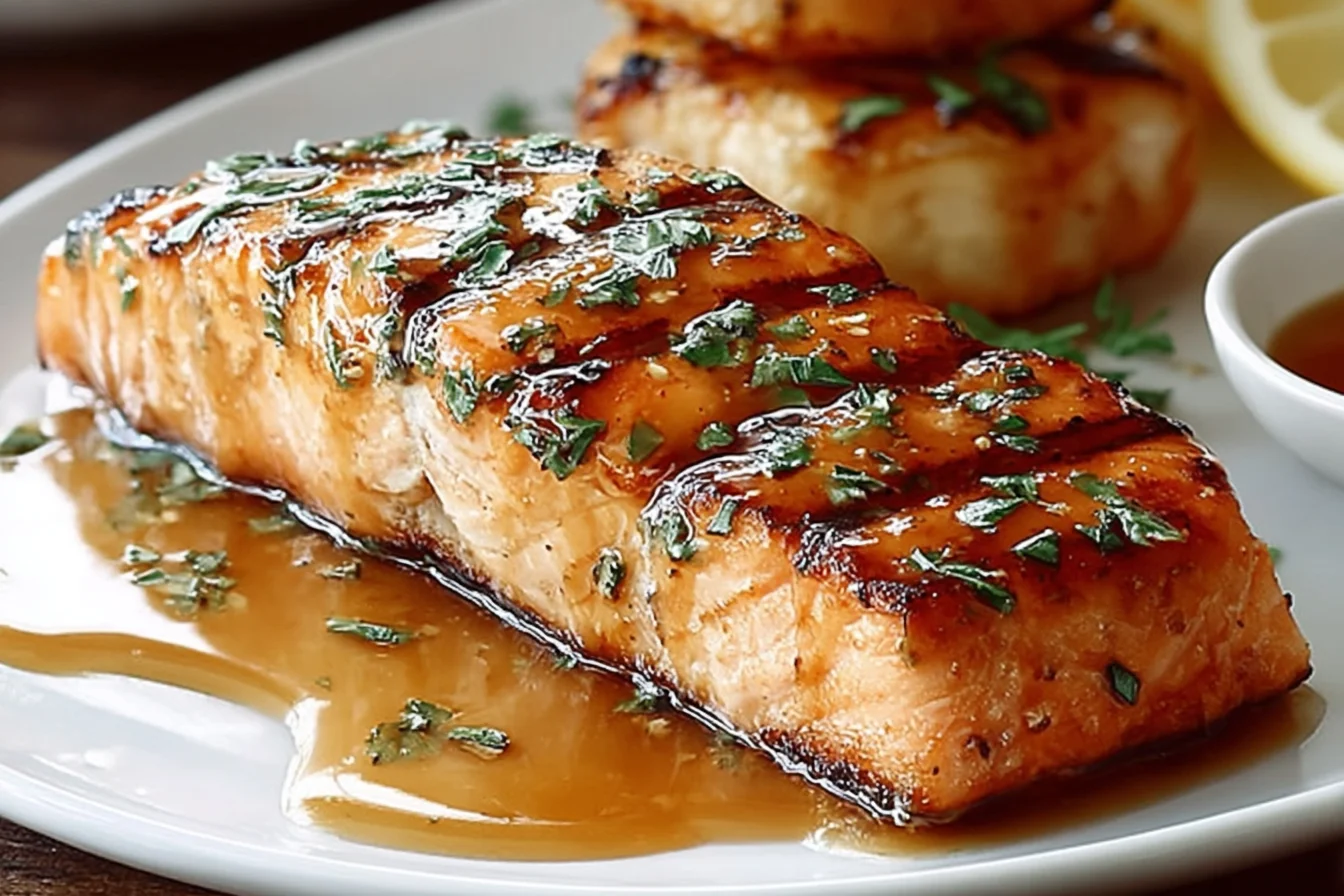 Oven-Baked Texas Roadhouse-Style Salmon glazed with a smoky buttery sauce, garnished with parsley and served with lemon.