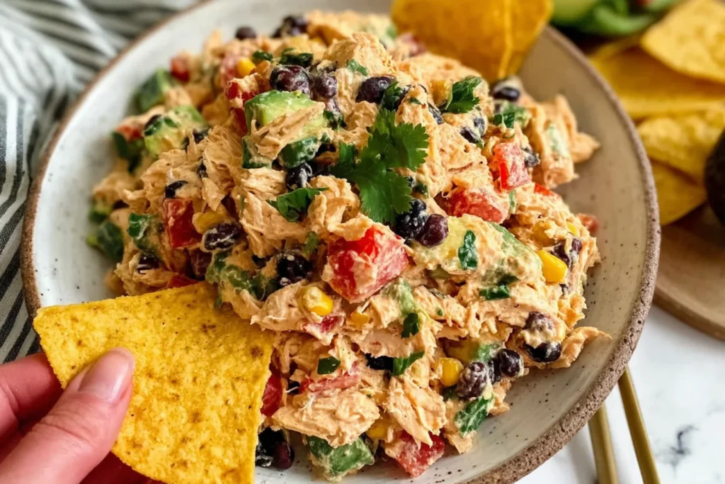 Southwestern Chicken Salad served with tortilla chips, black beans, corn, avocado, and cilantro on a plate