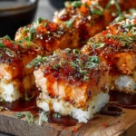Spicy Salmon Sushi Bake bites with glazed salmon on sushi rice, topped with sesame seeds and green onions on a wooden board.