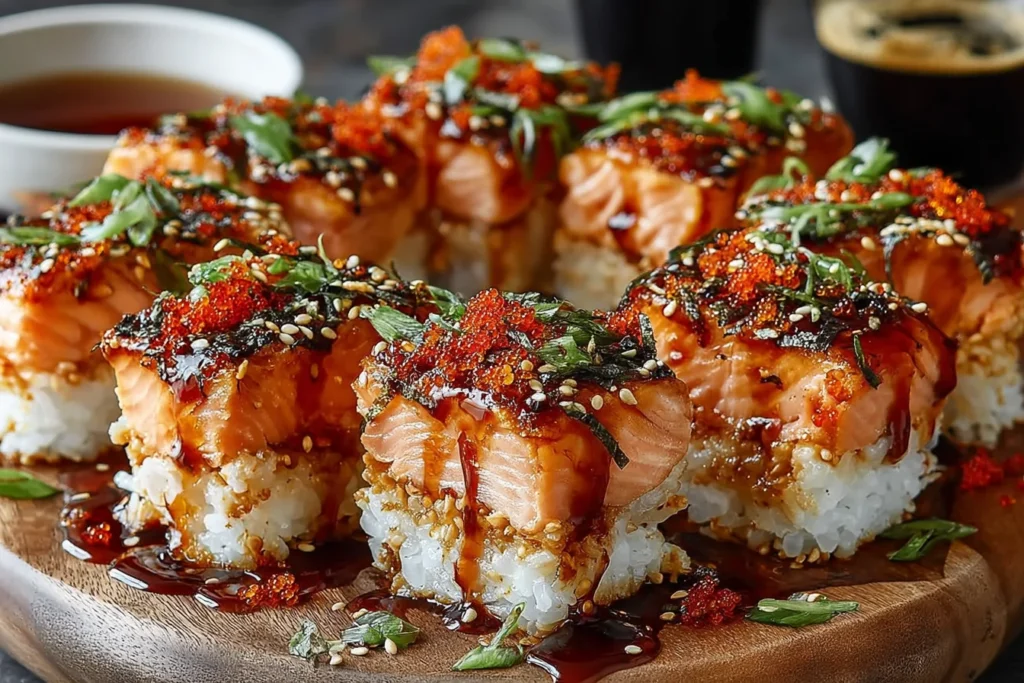 Spicy Salmon Sushi Bake squares topped with glazed salmon, tobiko, nori, sesame seeds, and green onions on a wooden serving board.