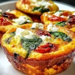 Spinach Feta and Sun-Dried Tomato Egg Muffins baked golden in a muffin tin, packed with spinach, feta crumbles, and sun-dried tomatoes.