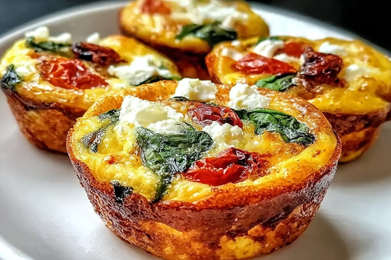 Spinach Feta and Sun-Dried Tomato Egg Muffins baked golden in a muffin tin, packed with spinach, feta crumbles, and sun-dried tomatoes.