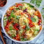 Spring Roll Salad with Spicy Ginger Dressing served in a white bowl with fresh mint, cilantro, and sesame seeds
