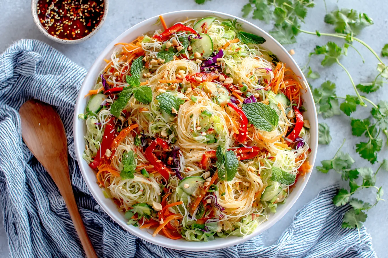 Spring Roll Salad with Spicy Ginger Dressing served in a white bowl with fresh mint, cilantro, and sesame seeds