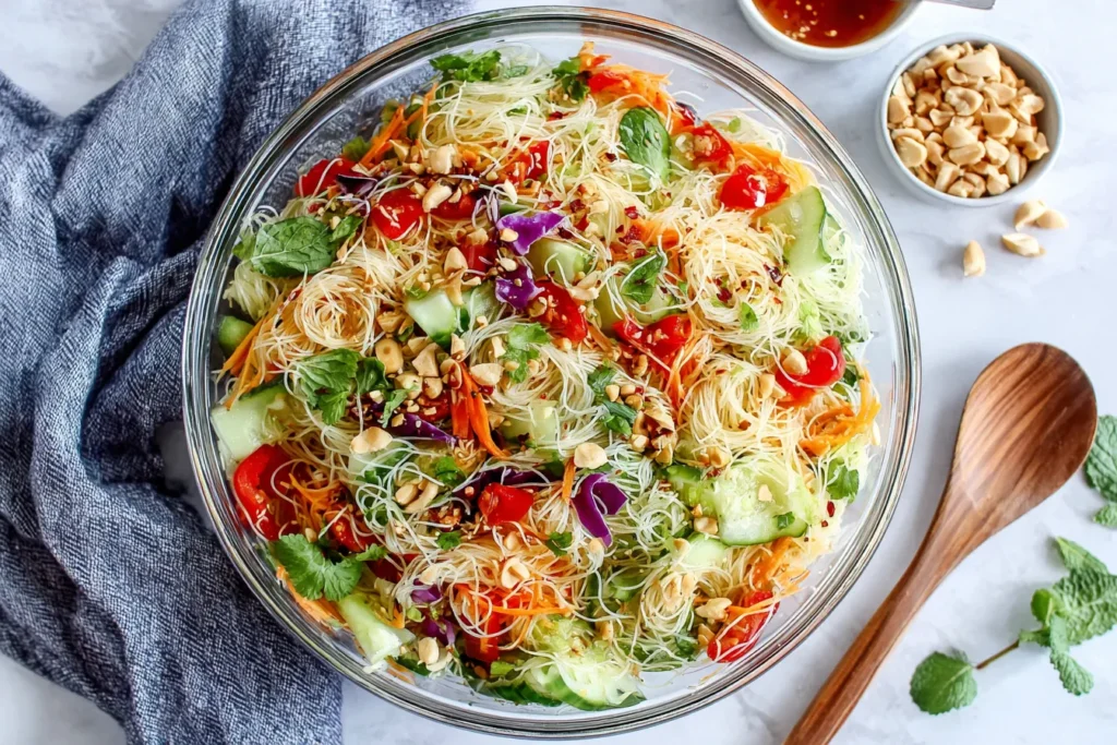 Spring Roll Salad with Spicy Ginger Dressing in a glass bowl with rice noodles, fresh vegetables, herbs, and chopped peanuts