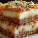 Carrot Cake Cream Cheese Bars with thick cream cheese layer, spiced carrot cake base, and buttery crumb topping, stacked on a plate.