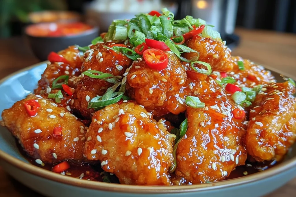 Thai Sweet Chili Chicken coated in a glossy sweet chili glaze, topped with sliced red chilies, green onions, and sesame seeds in a bowl.