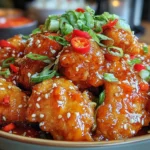 Thai Sweet Chili Chicken coated in a glossy sweet chili glaze, topped with sliced red chilies, green onions, and sesame seeds in a bowl.
