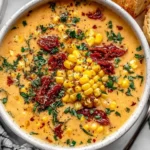 Sun Dried Tomato Corn Chowder in a rustic bowl, topped with sweet corn, chopped herbs, and sun-dried tomatoes, served with crusty bread.