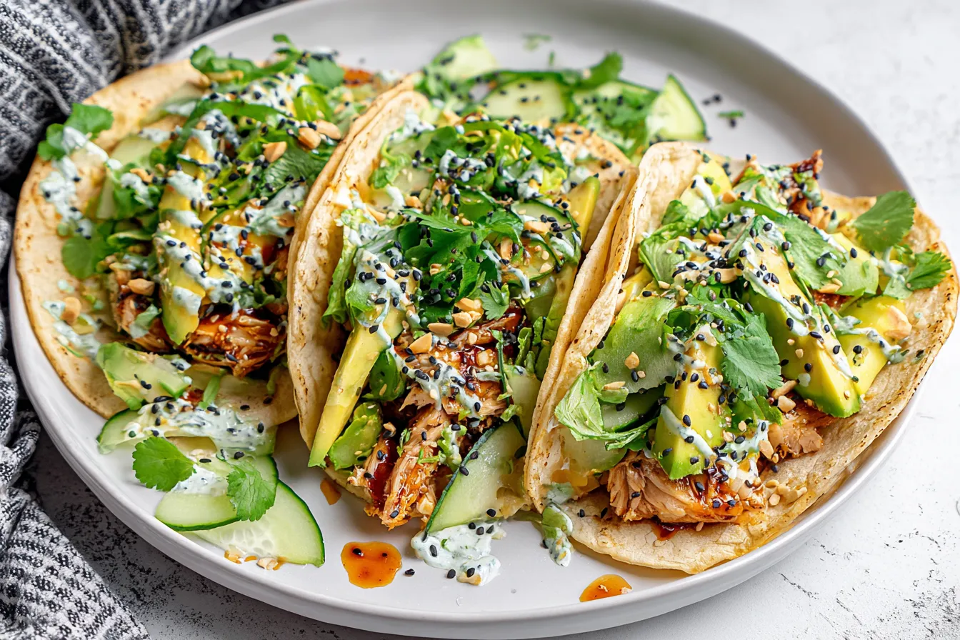 Teriyaki Chicken Tacos with Creamy Sesame Cucumbers and sesame seeds on a white plate