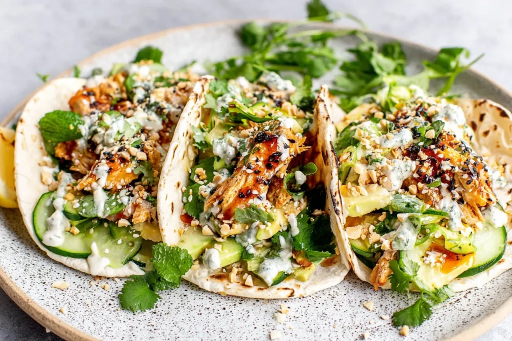 Teriyaki Chicken Tacos with Creamy Sesame Cucumbers served with fresh herbs and crushed peanuts