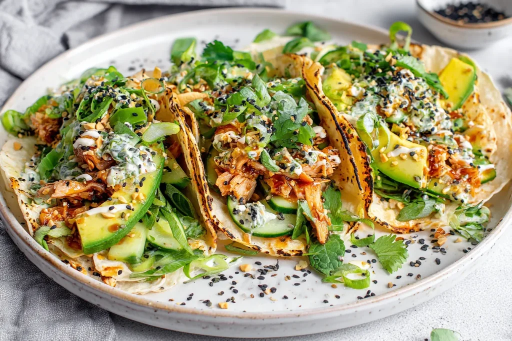 Teriyaki Chicken Tacos with Creamy Sesame Cucumbers topped with avocado, fresh herbs and sesame seeds