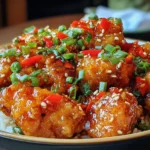 Thai Sweet Chili Chicken served over jasmine rice, coated in glossy sweet chili glaze and topped with green onions, red peppers, and sesame seeds.