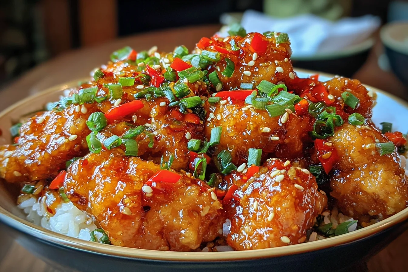 Thai Sweet Chili Chicken served over jasmine rice, coated in glossy sweet chili glaze and topped with green onions, red peppers, and sesame seeds.