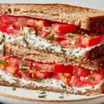 The Best Tomato Sandwich made with whole wheat toast, herbed cream cheese, and juicy ripe tomatoes
