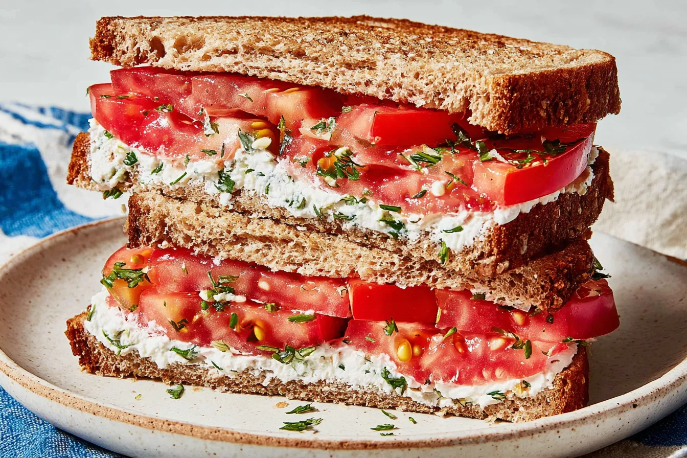 The Best Tomato Sandwich made with whole wheat toast, herbed cream cheese, and juicy ripe tomatoes