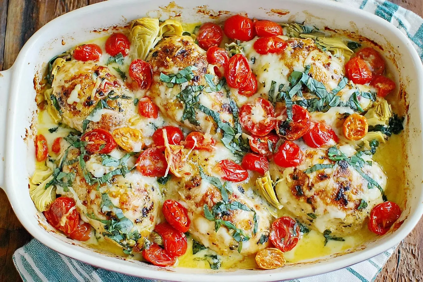 Tomato Basil Artichoke Baked Chicken with roasted cherry tomatoes, artichokes and melted mozzarella in baking dish