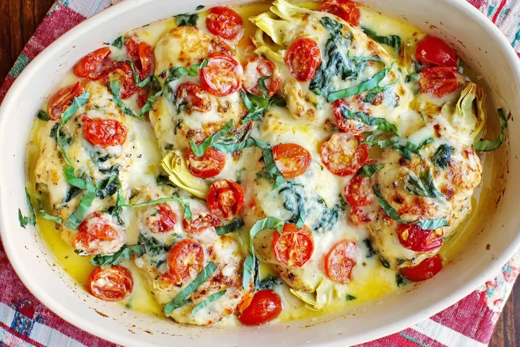 Tomato Basil Artichoke Baked Chicken baked in casserole dish with mozzarella, basil and artichokes