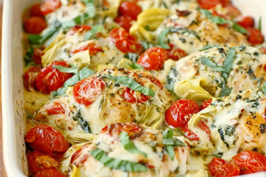 Tomato Basil Artichoke Baked Chicken close up with melted mozzarella, roasted cherry tomatoes and fresh basil