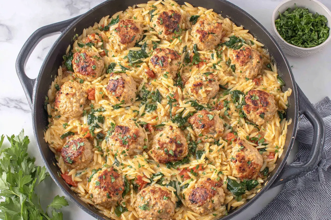 Tuscan Chicken Meatballs and Orzo cooked in a large skillet with browned chicken meatballs, creamy orzo, spinach, and herbs
