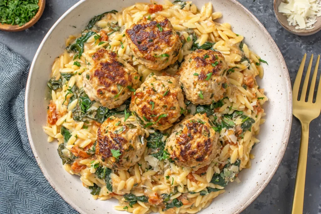 Tuscan Chicken Meatballs and Orzo served in a bowl with creamy orzo, spinach, sun-dried tomatoes, and golden seared chicken meatballs