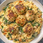 Tuscan Chicken Meatballs and Orzo served in a bowl with creamy orzo, spinach, sun-dried tomatoes, and golden seared chicken meatballs