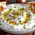 Whipped Feta with Honey Dip garnished with pistachios and fresh herbs with toasted pita