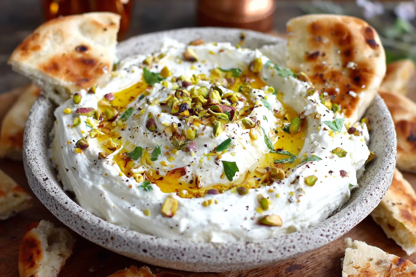 Whipped Feta with Honey Dip garnished with pistachios and fresh herbs with toasted pita