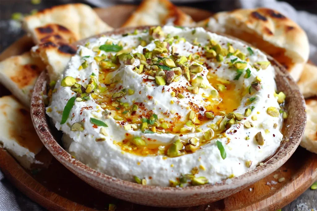 Whipped Feta with Honey Dip in a rustic bowl with honey drizzle and chopped pistachios