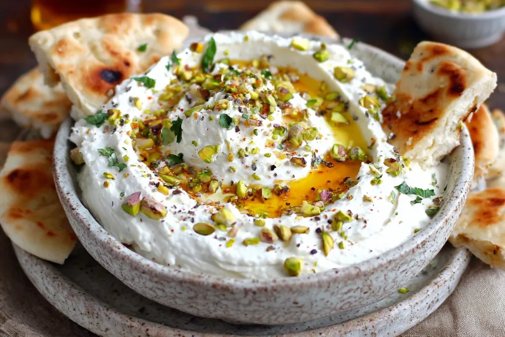 Whipped Feta with Honey Dip topped with pistachios and honey served with warm pita bread