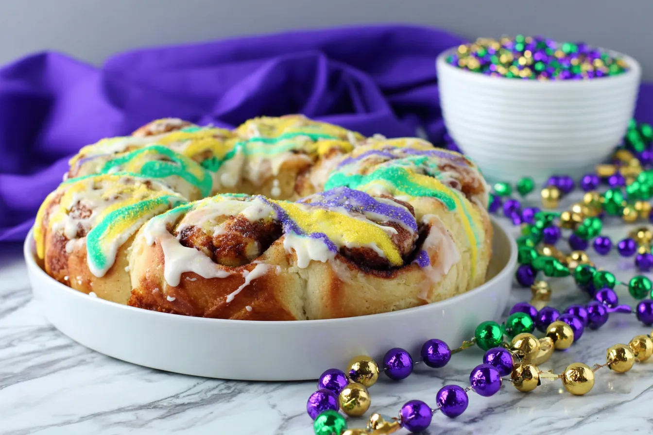 Easy King Cake Recipe – Cinnamon Roll King Cake with colorful Mardi Gras frosting drizzle
