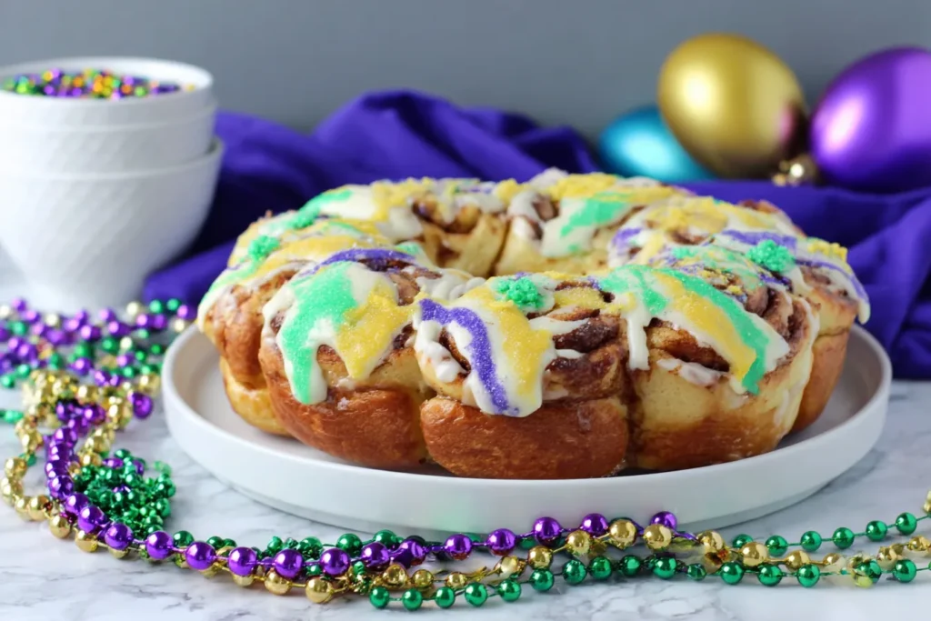 Easy King Cake Recipe – Cinnamon Roll King Cake with purple green and gold Mardi Gras icing