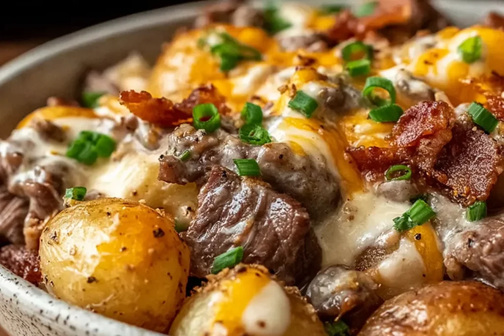 Crockpot Loaded Steak and Potato Bake with tender steak chunks, baby potatoes, melted cheddar, bacon, and green onions in a creamy sauce.