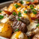 Crockpot Loaded Steak and Potato Bake with tender steak chunks, baby potatoes, melted cheddar, bacon, and green onions in a creamy sauce.