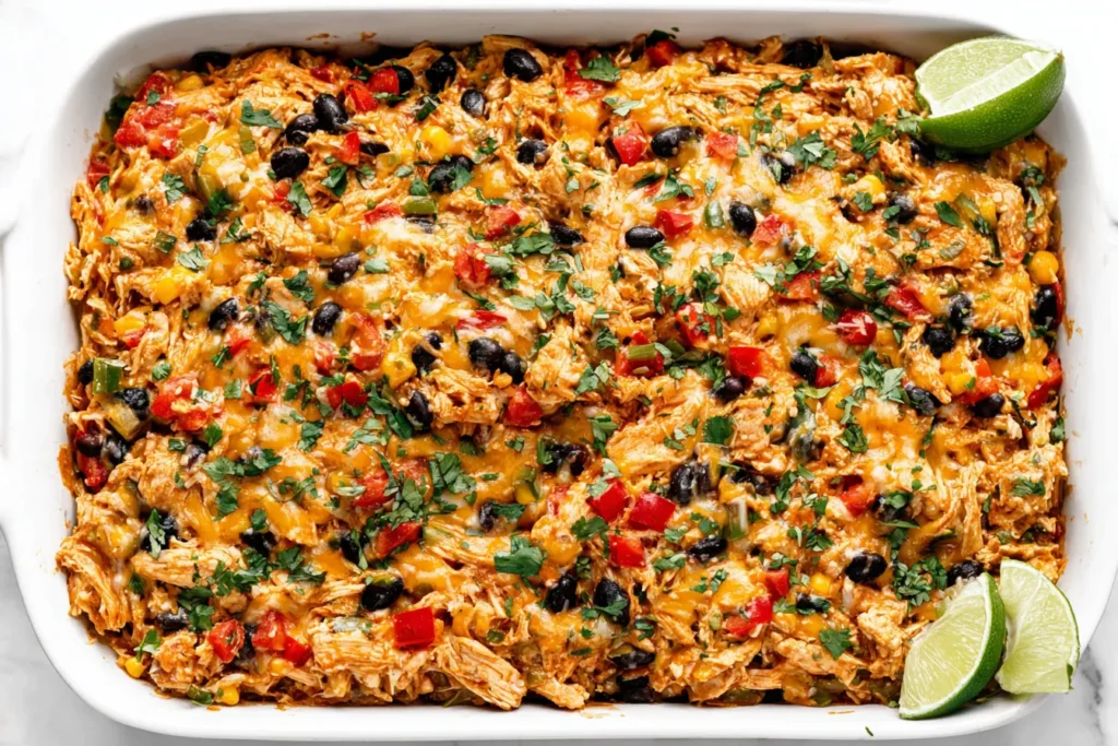Easy Chicken Burrito Casserole topped with cilantro, black beans, cheese, and lime wedges for serving