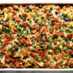 Easy Chicken Burrito Casserole baked with melted cheese, black beans, corn, and fresh cilantro in a white dish
