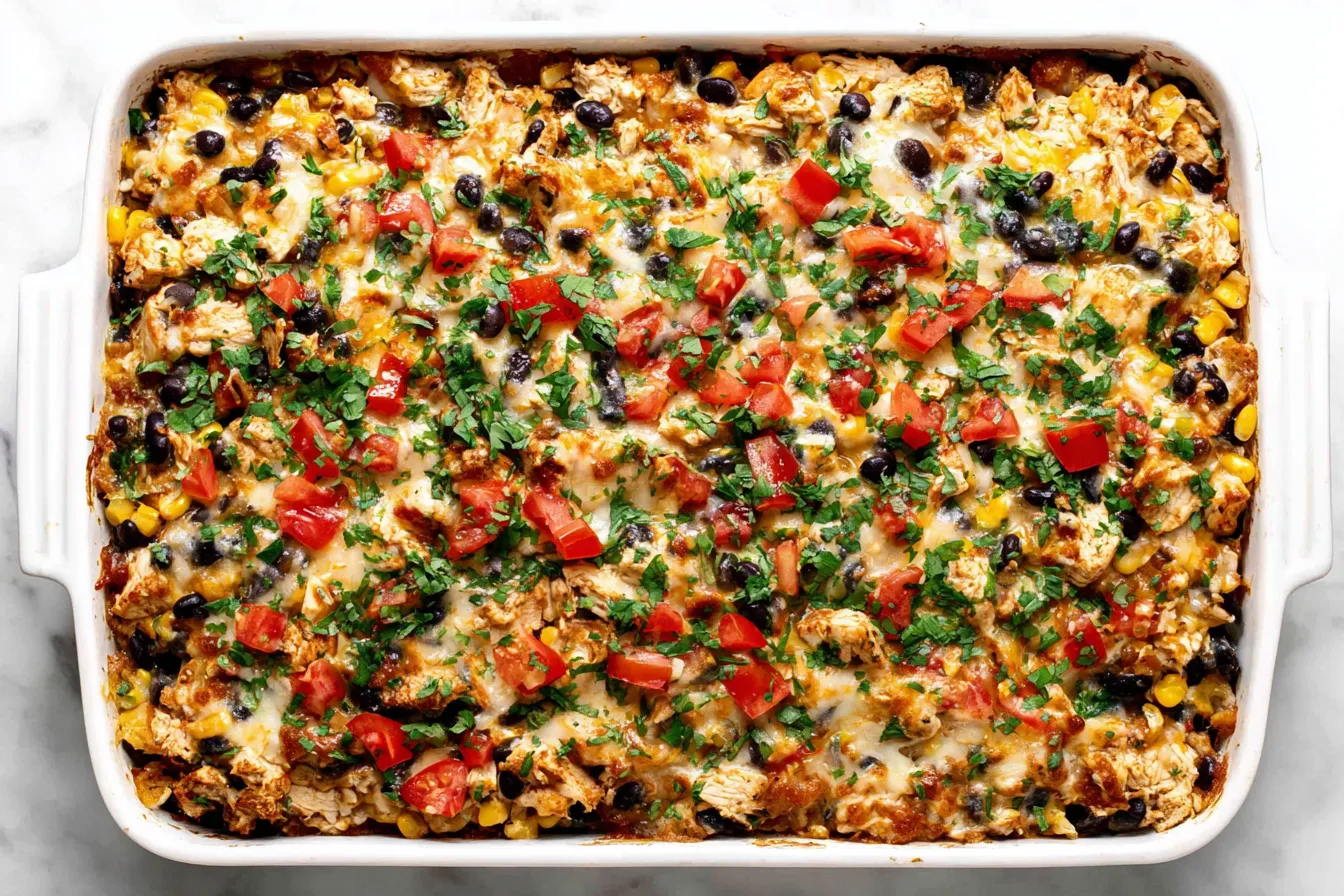Easy Chicken Burrito Casserole baked with melted cheese, black beans, corn, and fresh cilantro in a white dish