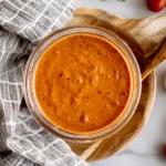 Thick and smoky Chipotle Vinaigrette Recipe in a glass jar on a wooden board