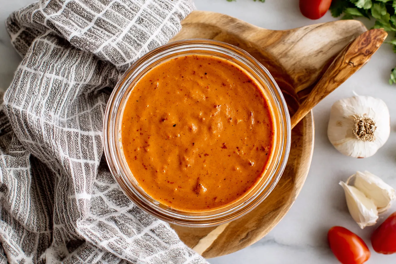 Thick and smoky Chipotle Vinaigrette Recipe in a glass jar on a wooden board