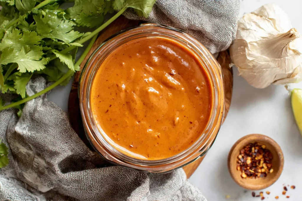 Creamy Chipotle Vinaigrette Recipe in a mason jar with garlic and fresh cilantro