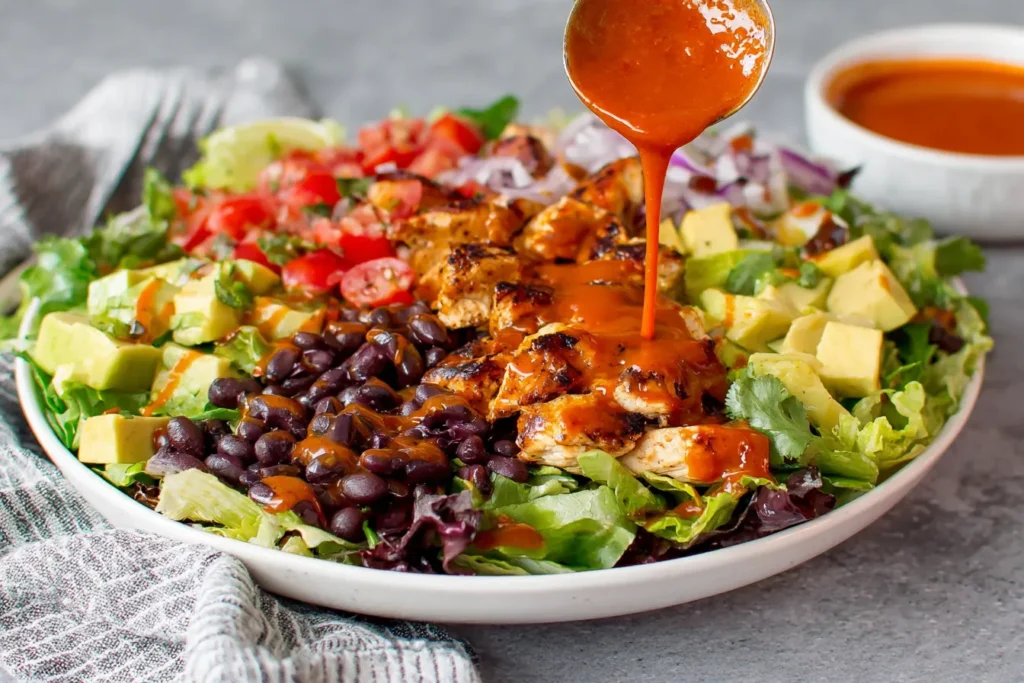 Chipotle Vinaigrette Recipe being drizzled over grilled chicken salad with black beans and avocado