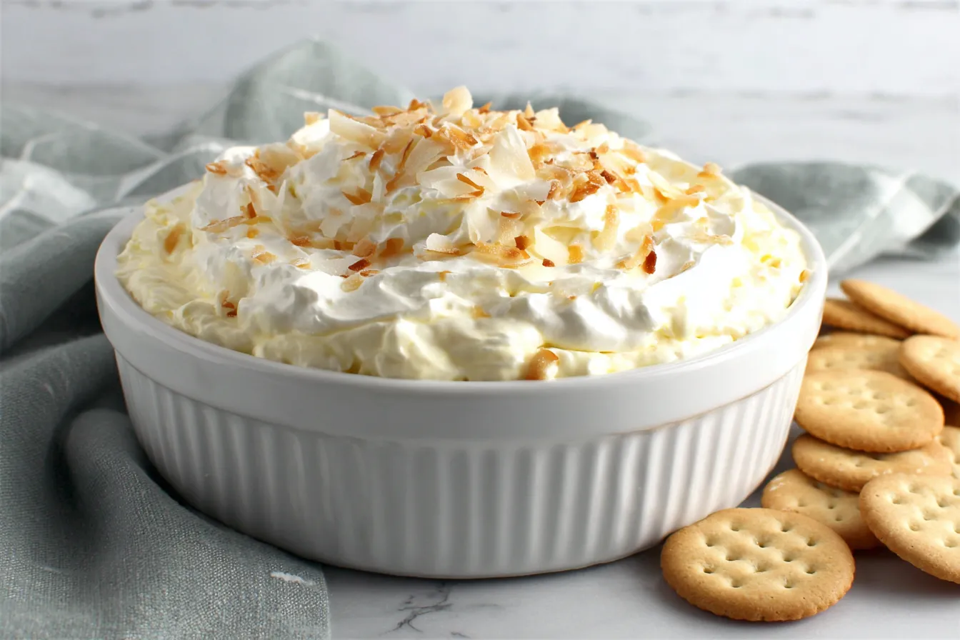 Coconut Cream Pie Dip in a white serving bowl with toasted coconut and round crackers on the side