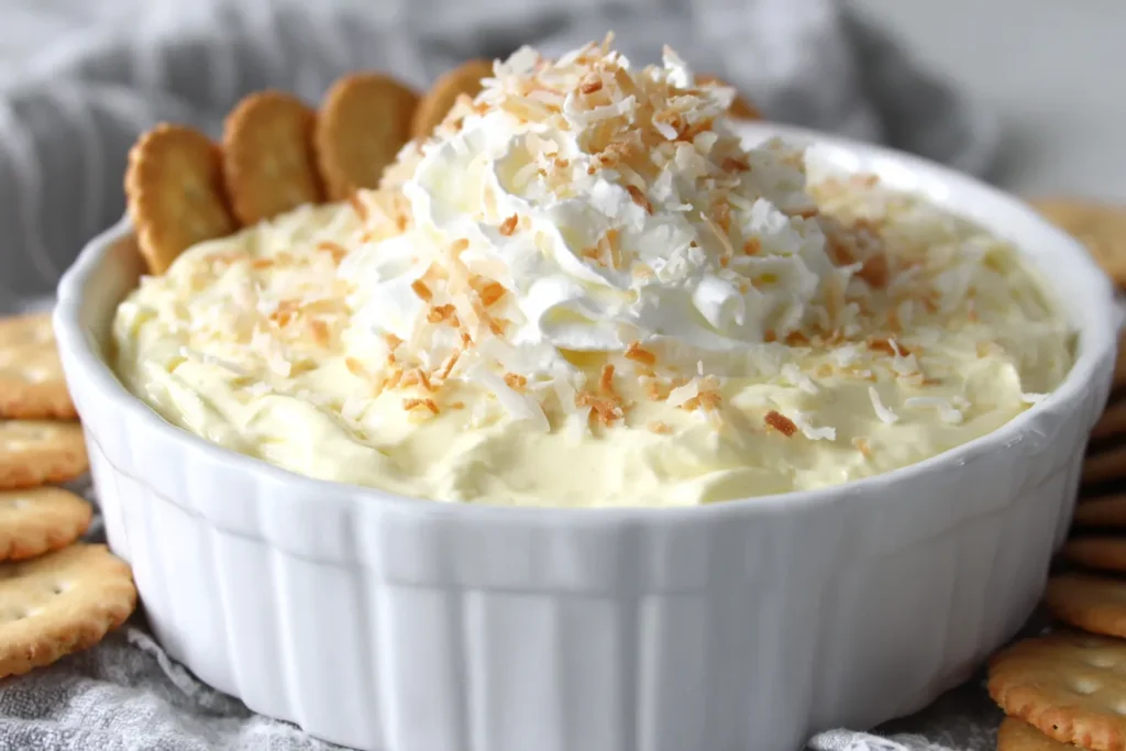 Coconut Cream Pie Dip topped with whipped cream and toasted coconut flakes served with crackers in a white bowl