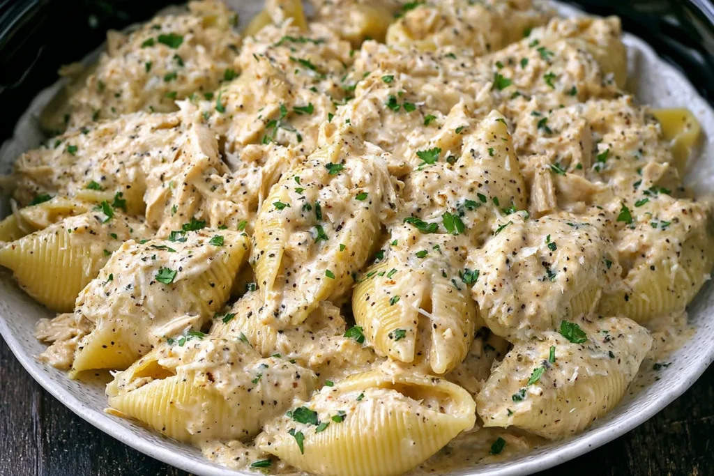 Slow Cooker Creamy Garlic Parmesan Chicken Shells served creamy and cheesy—pasta shells filled with shredded chicken in a rich garlic Parmesan sauce, topped with parsley.