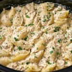 Slow Cooker Creamy Garlic Parmesan Chicken Shells in a creamy roasted garlic Parmesan sauce, with shredded chicken and parsley in a crockpot.