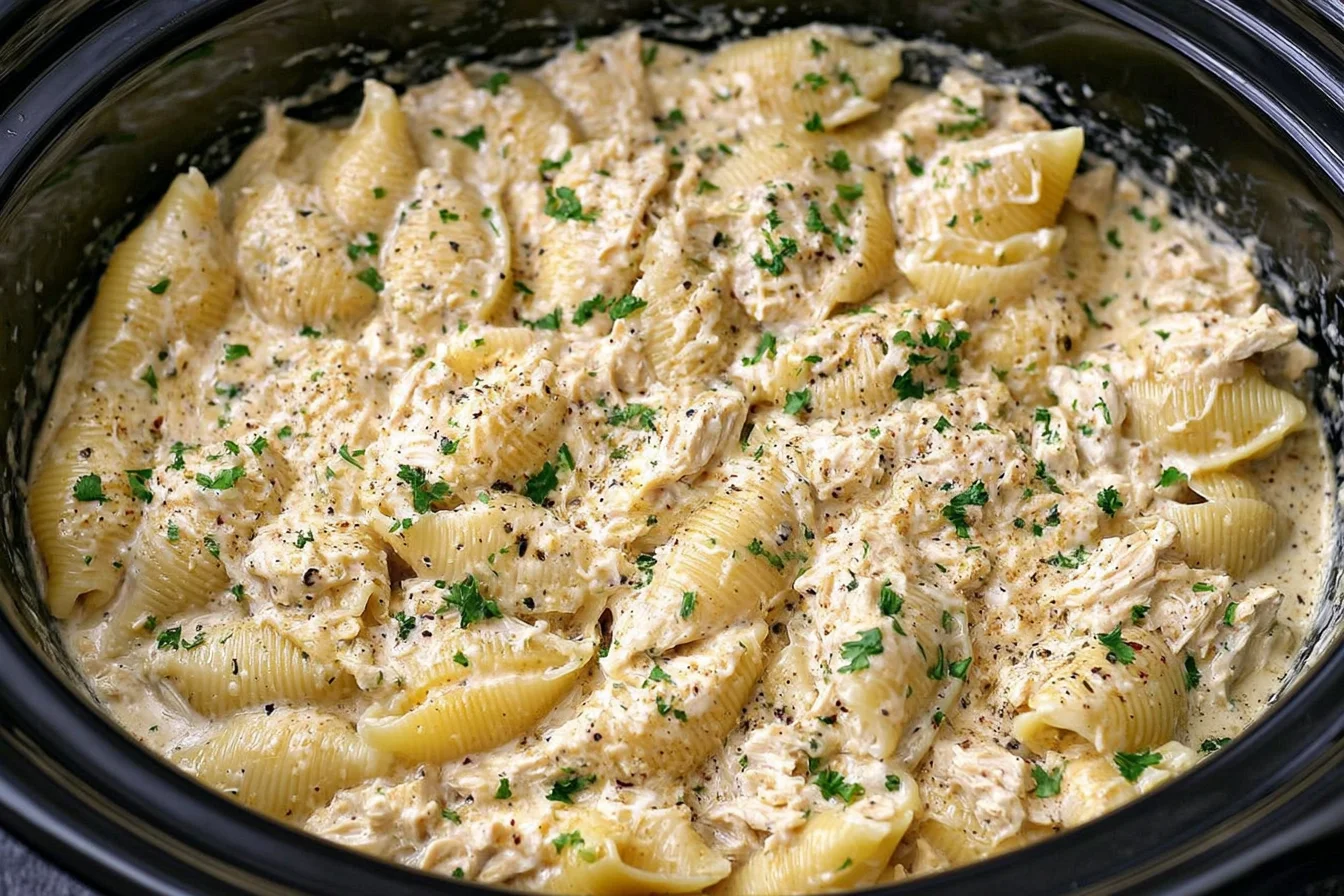 Slow Cooker Creamy Garlic Parmesan Chicken Shells in a creamy roasted garlic Parmesan sauce, with shredded chicken and parsley in a crockpot.